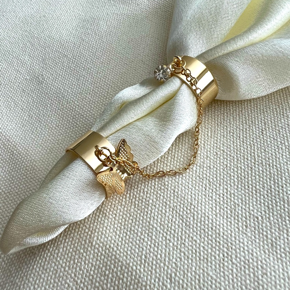 Gold Plated fashion double Rings chained butterfly